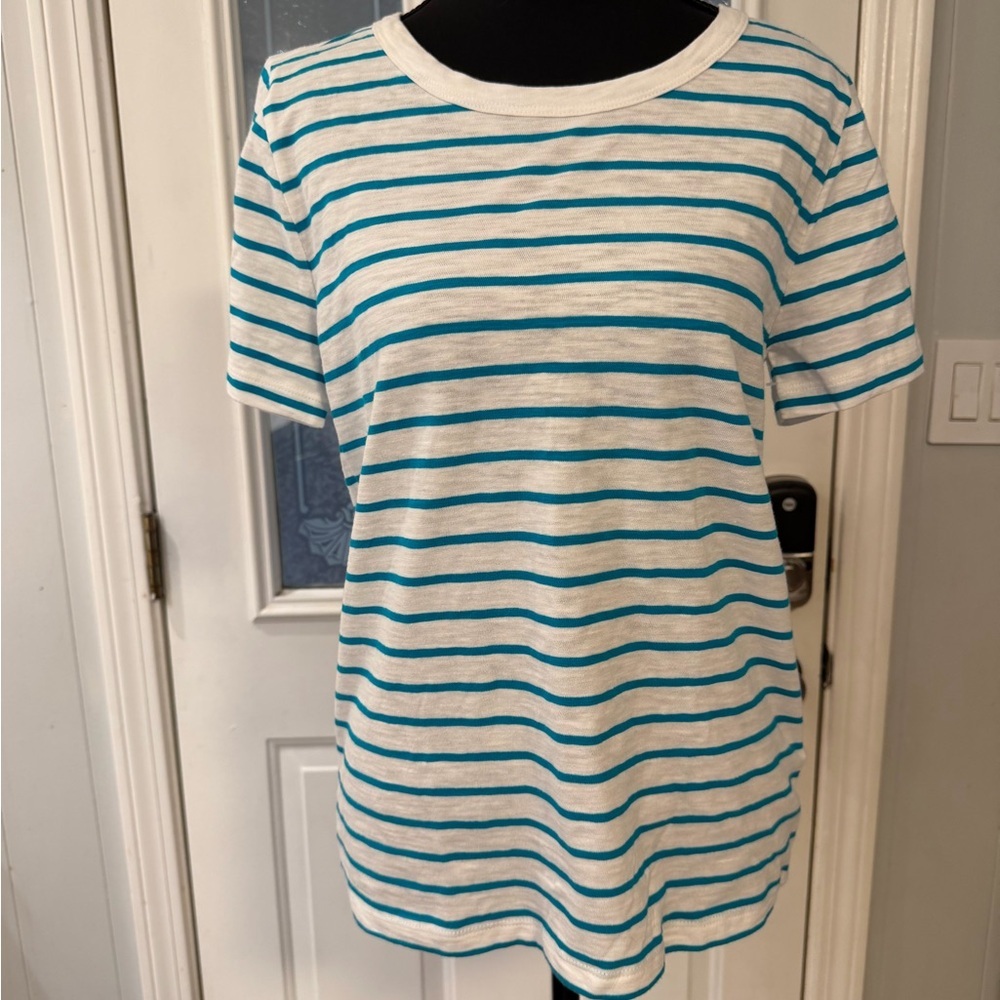 J. Crew White and Teal Striped Tee